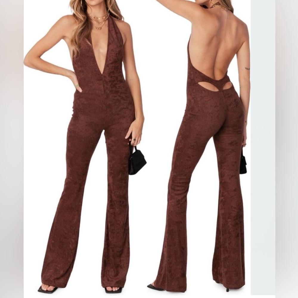 Edikted Halter Terry Lounge Jumpsuit Chocolate Brown Wide Leg Vacation Cozy Sz S